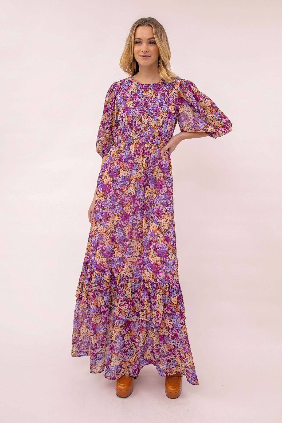 Purple floral clearance frill maxi dress