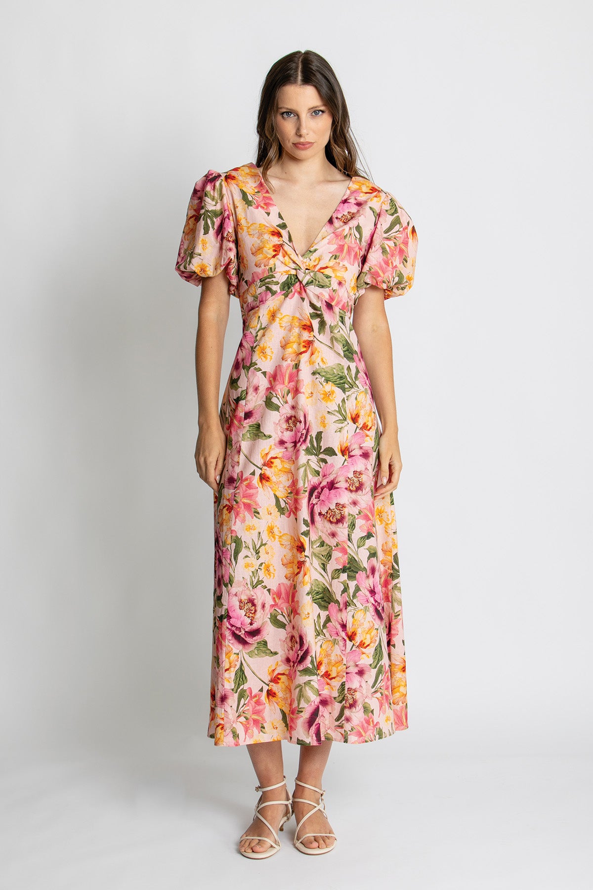 Womens Mia Puff Slv Midi Dress Multicolor 615ka098