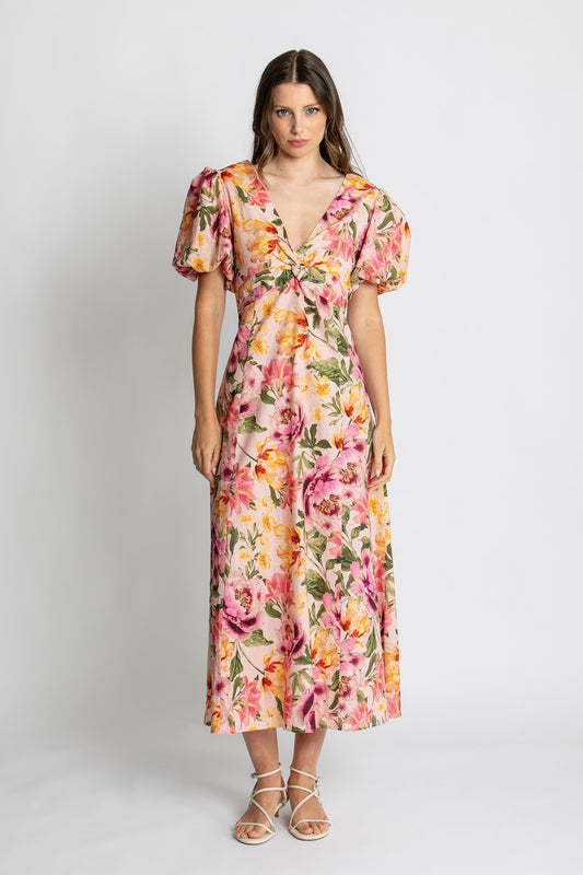 Womens Mia Puff Slv Midi Dress Multicolor 615ka098