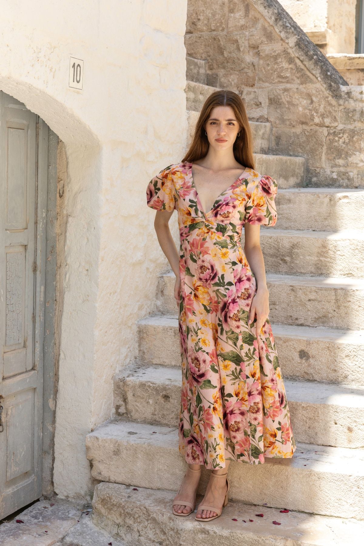 Womens Mia Puff Slv Midi Dress Multicolor 615ka098
