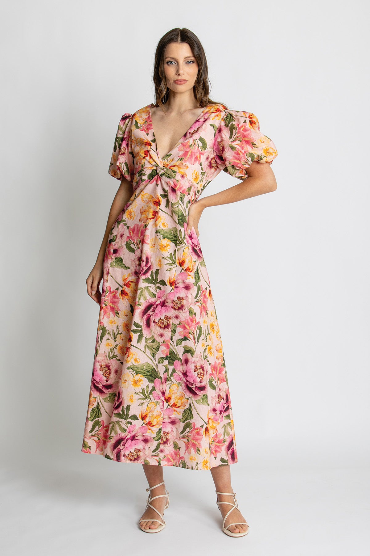 Womens Mia Puff Slv Midi Dress Multicolor 615ka098