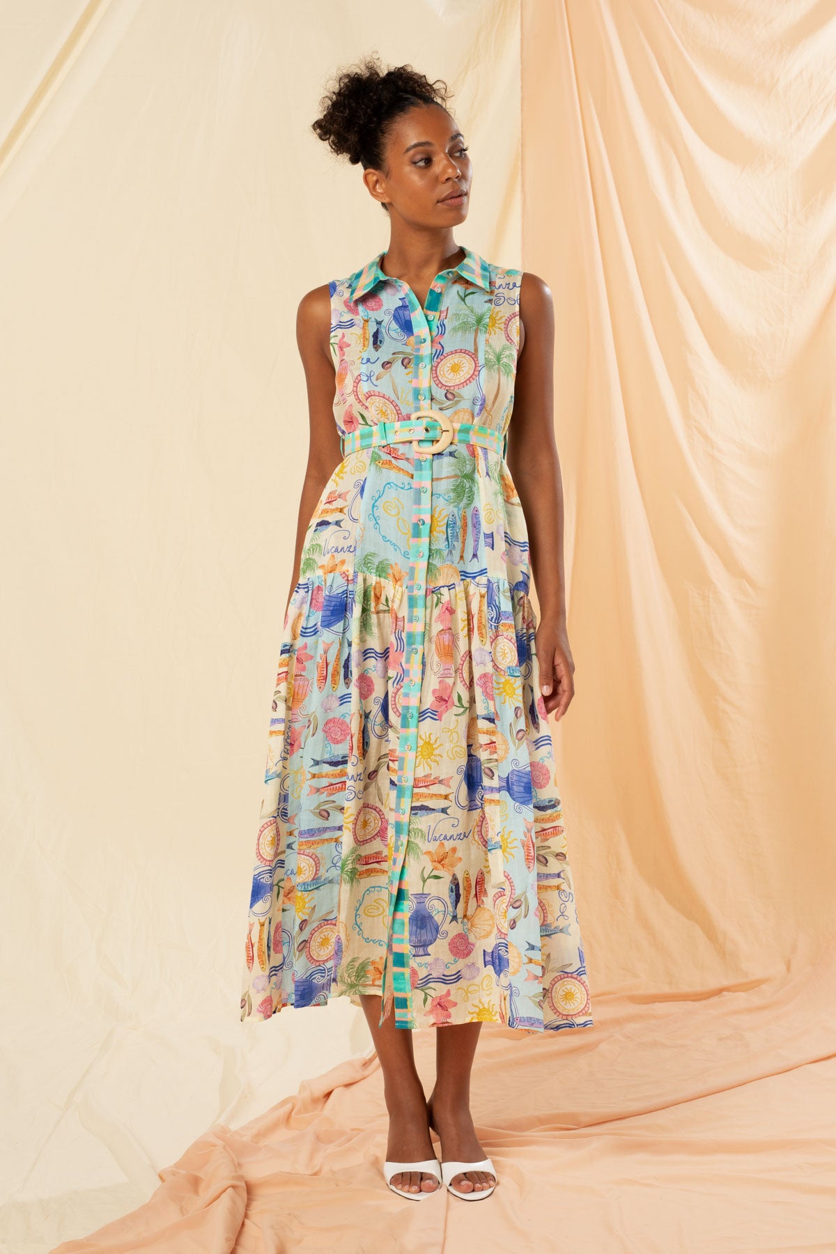 Women's Sleeveless Maxi Shirt Dress in Multicolour