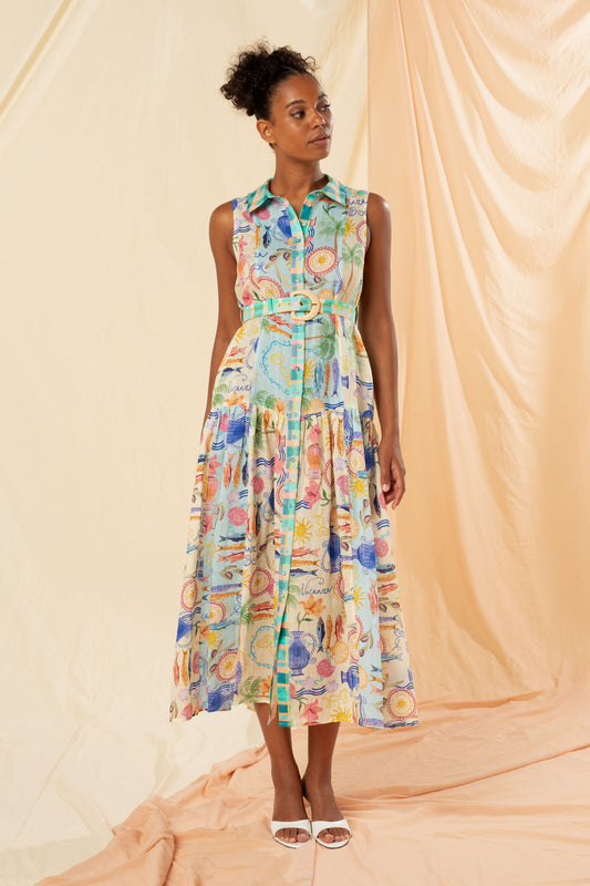 Women's Sleeveless Maxi Shirt Dress in Multicolour