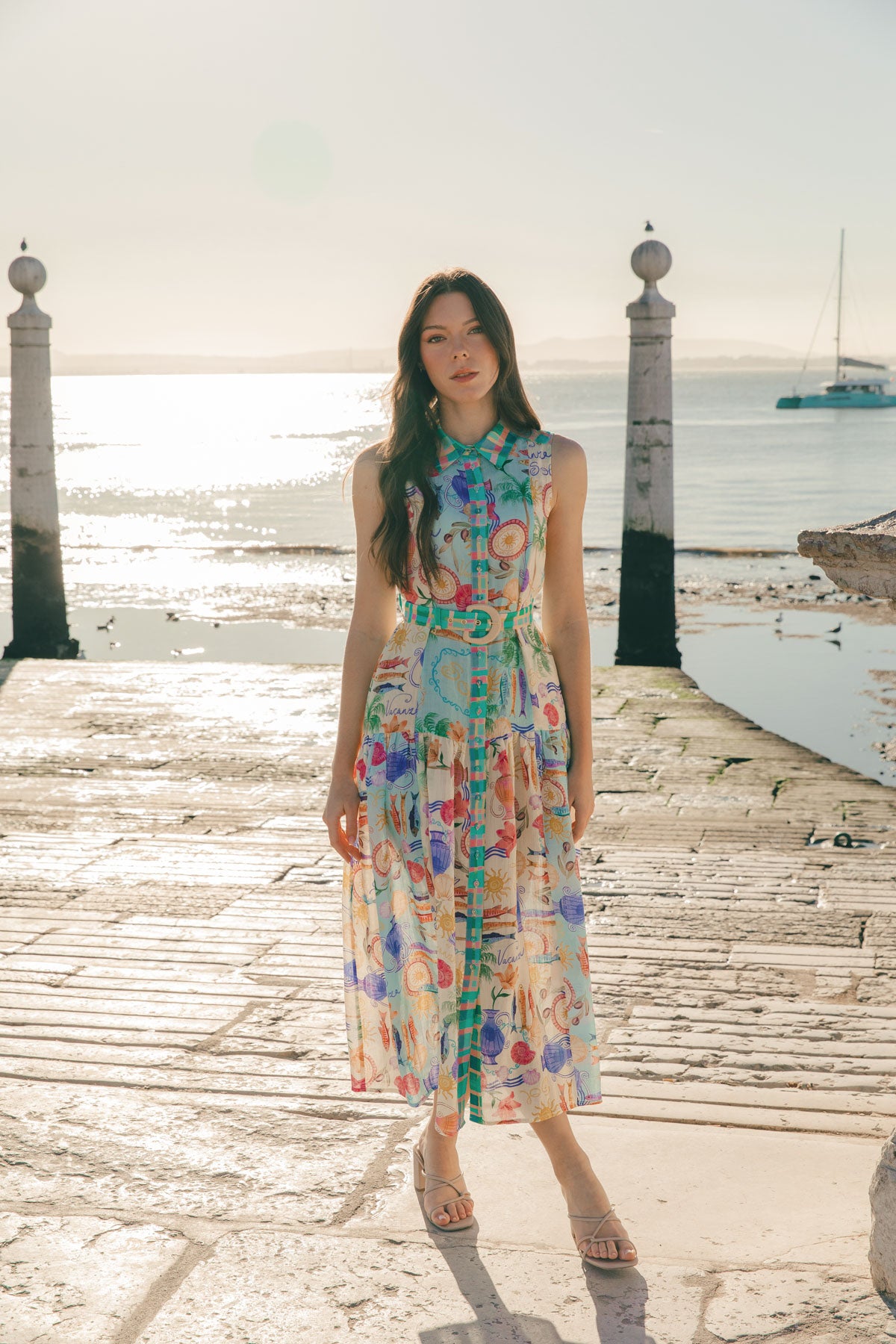 Women's Sleeveless Maxi Shirt Dress in Multicolour
