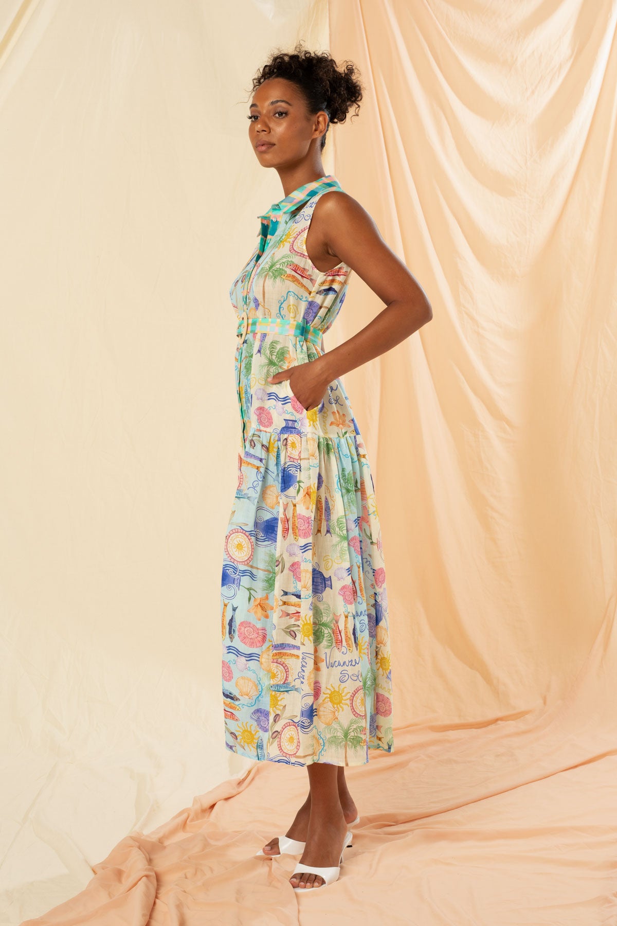 Women's Sleeveless Maxi Shirt Dress in Multicolour