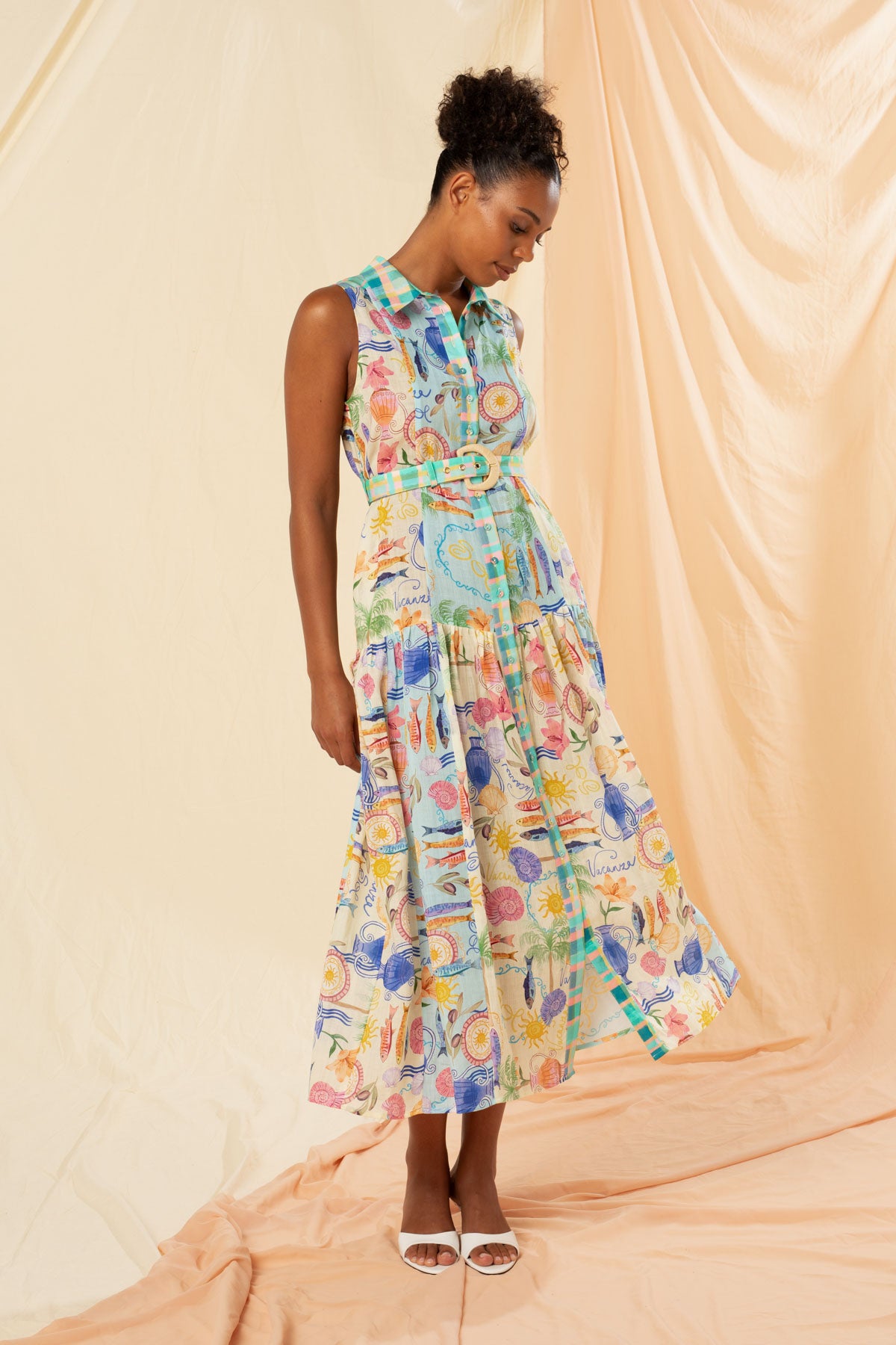 Women's Sleeveless Maxi Shirt Dress in Multicolour