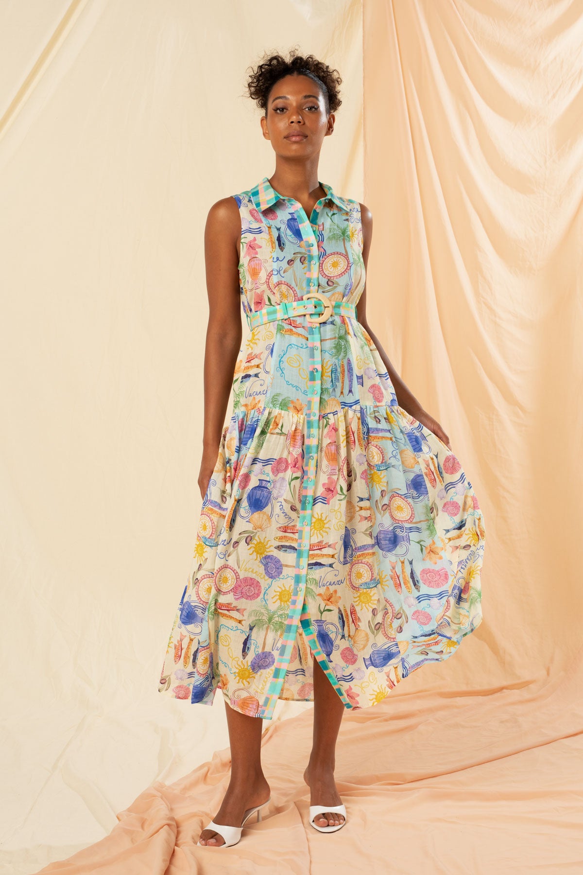 Women's Sleeveless Maxi Shirt Dress in Multicolour