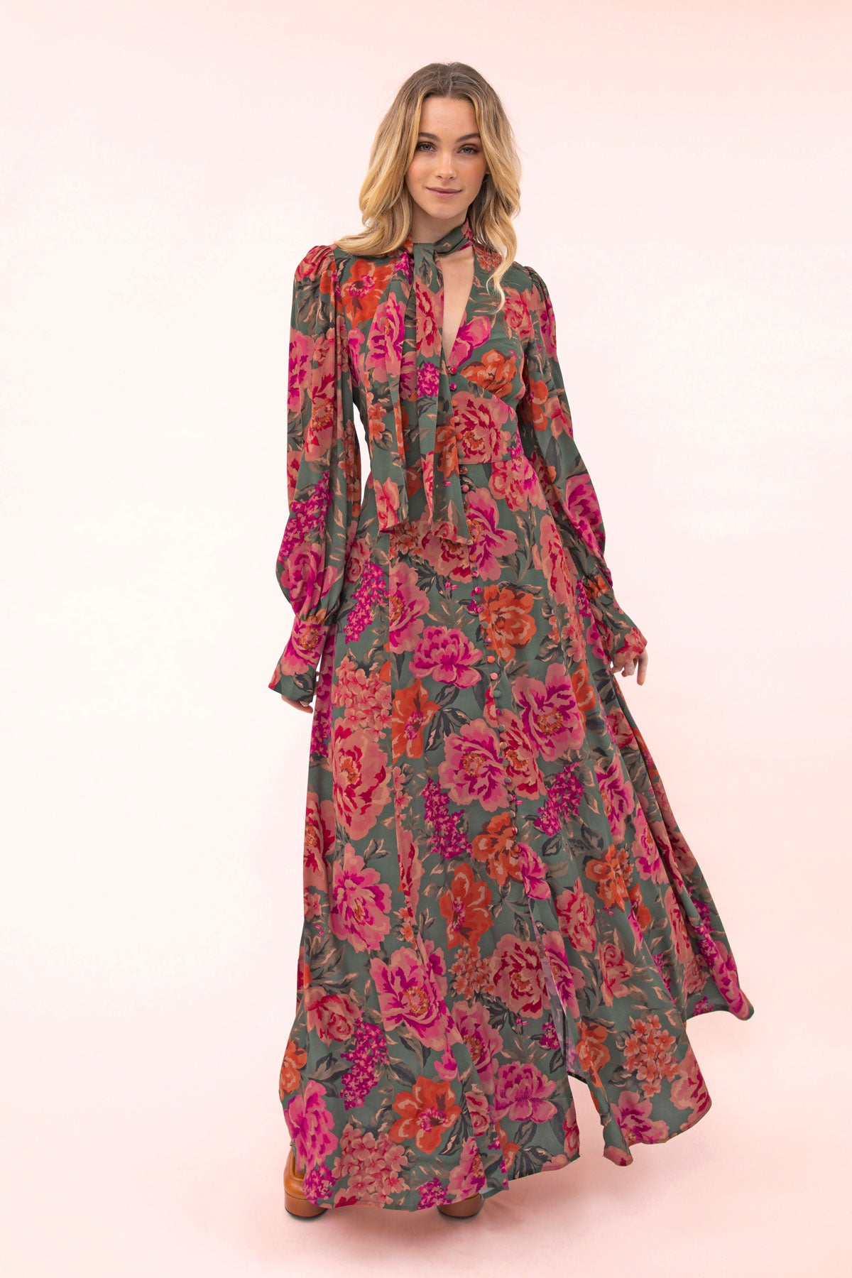 Women's Tie Neck Maxi Dress in Green Rhiannon